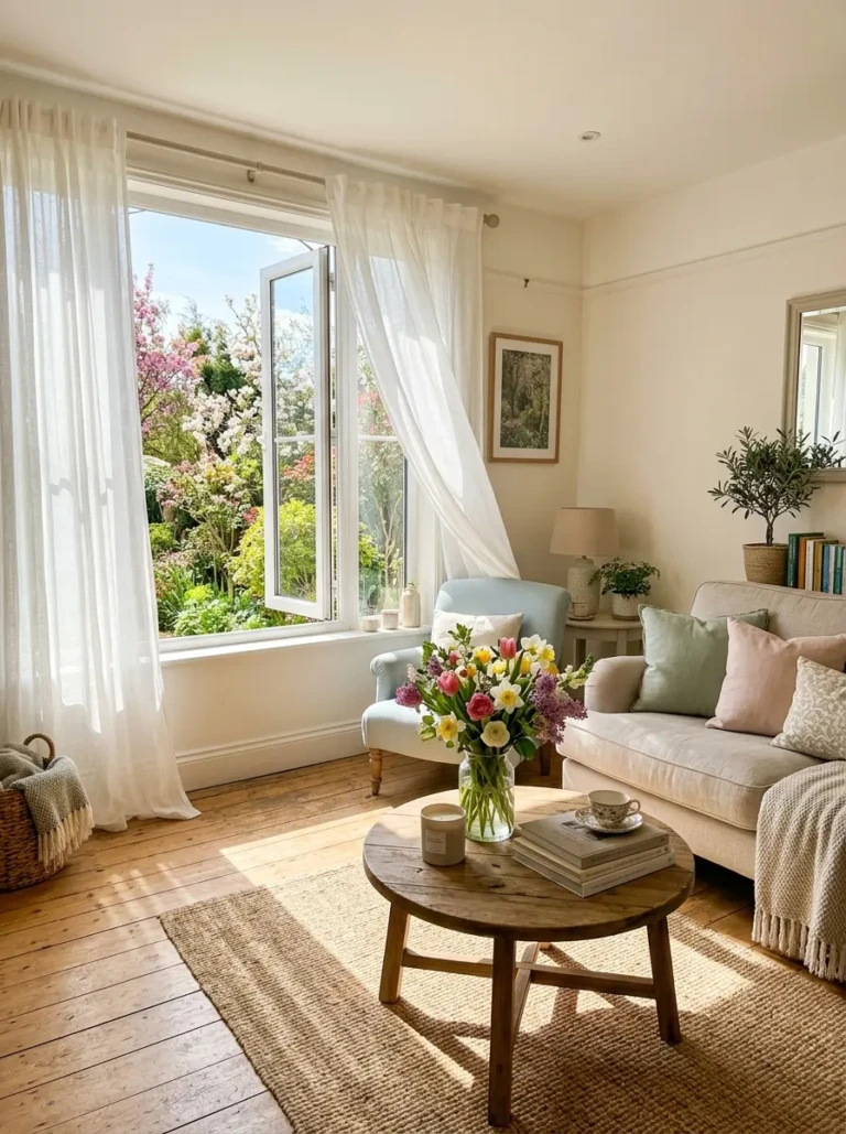 Bright spring sunlight fills a cozy living room with sheer curtains, fresh flowers, pastel decor, and an airy inviting atmosphere.