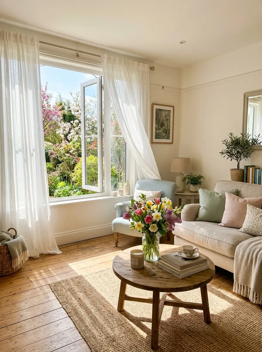 Bright spring sunlight fills a cozy living room with sheer curtains, fresh flowers, pastel decor, and an airy inviting atmosphere.