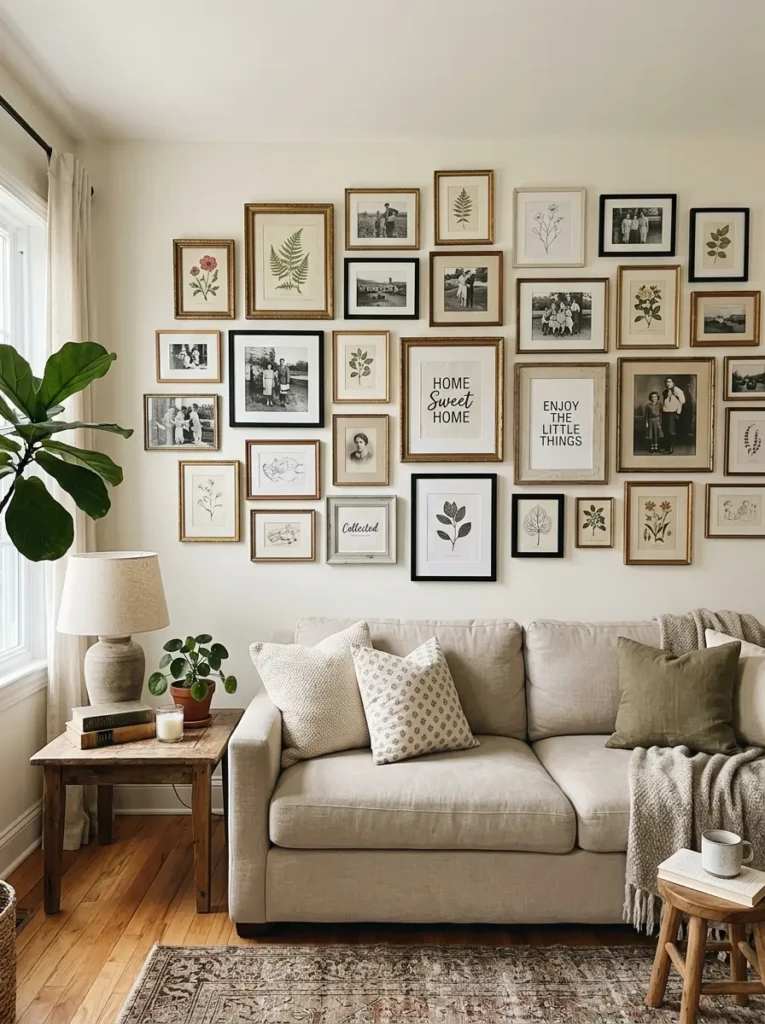 Living room gallery wall with vintage frames, botanical prints, black-and-white photos, and neutral sofa below.