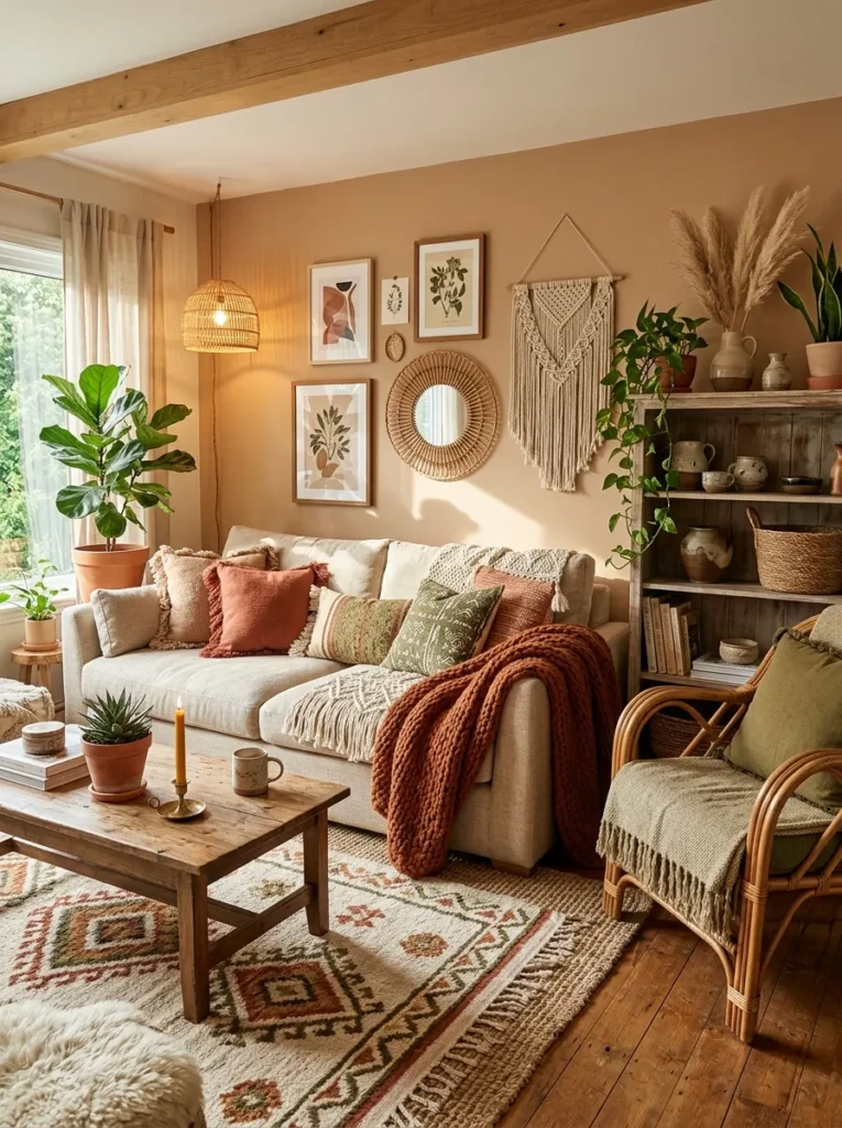 Bohemian living room styled with terracotta, beige and olive tones creating a warm and inviting space