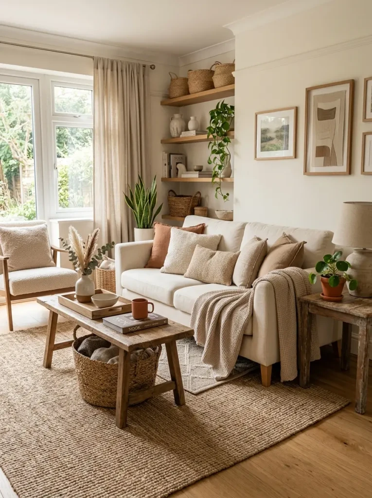 Cozy living room layered with jute rug, boucle pillows, linen curtains, woven baskets, ceramics, and wood accents.