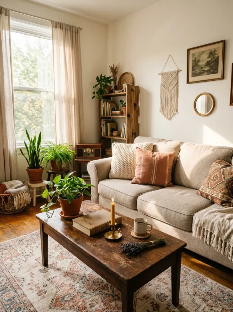 Cozy small living room with beige sofa, thrifted coffee table, layered pillows, and warm afternoon light.