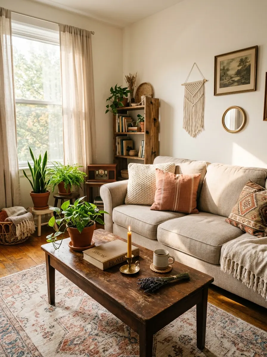 Cozy small living room with beige sofa, thrifted coffee table, layered pillows, and warm afternoon light.