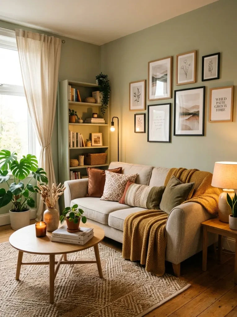 Beautiful budget living room with styled sofa, rug, plants, curtains, wall art, warm lighting, and cozy layers.