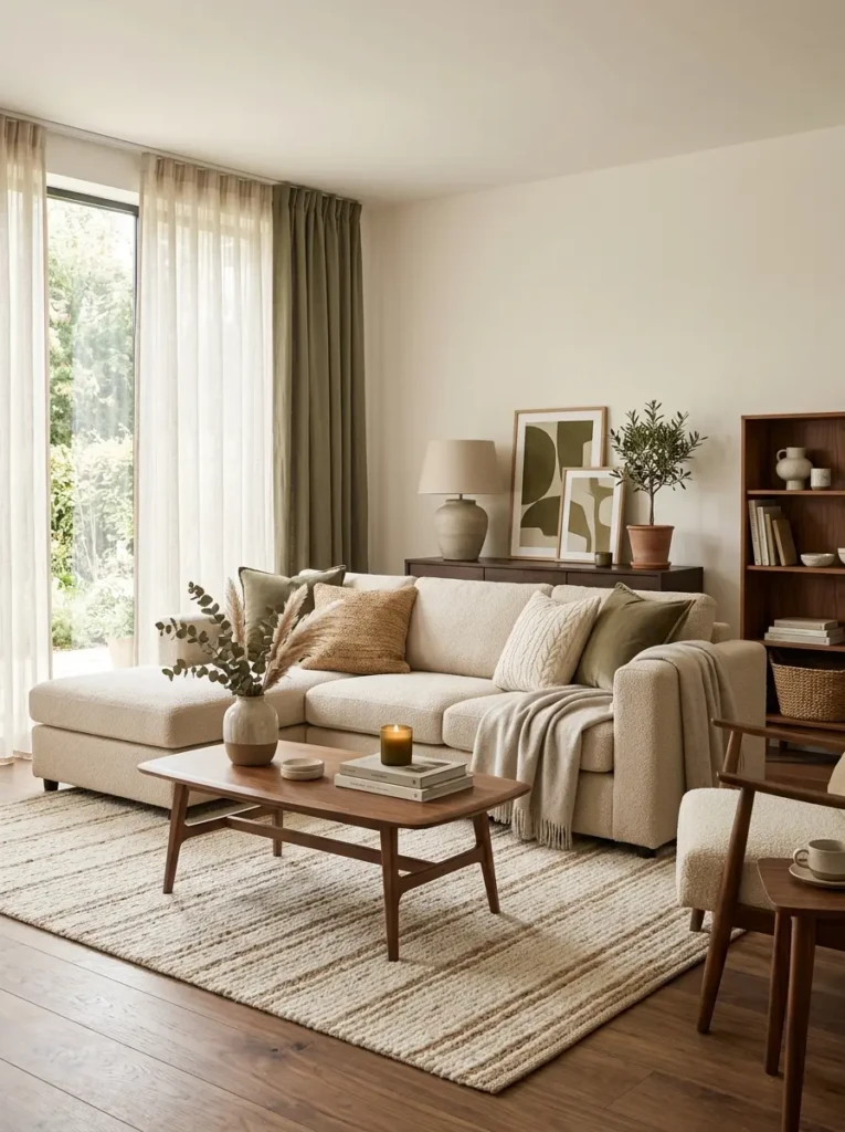 Sophisticated living room with beige sofa, olive accents, and warm walnut wood decor.