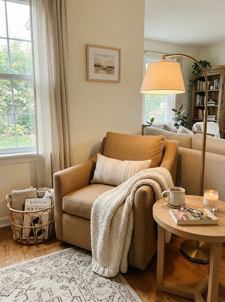 Inviting reading corner with accent chair, soft throw blanket, side table, mug, lamp, and woven basket.