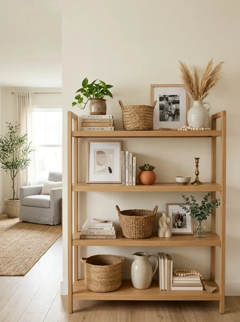 Living room shelves styled with books, baskets, framed photos, ceramics, plants, and open negative space.