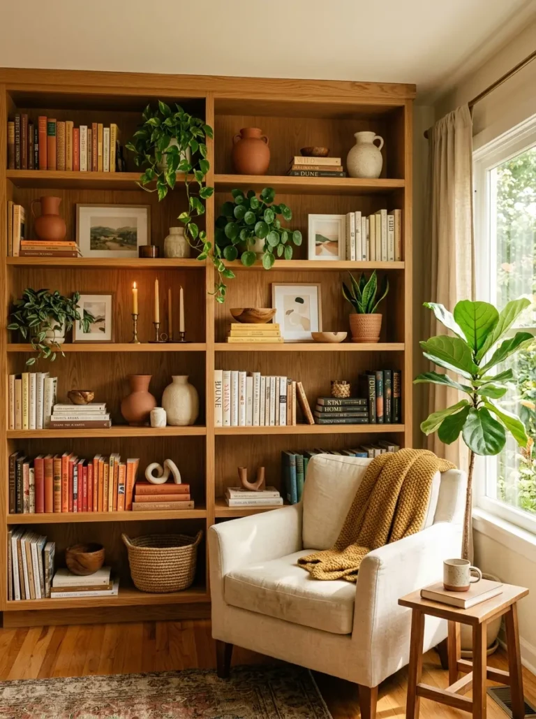 balanced shelf styling with plants books and candles in a warm inviting living room setting