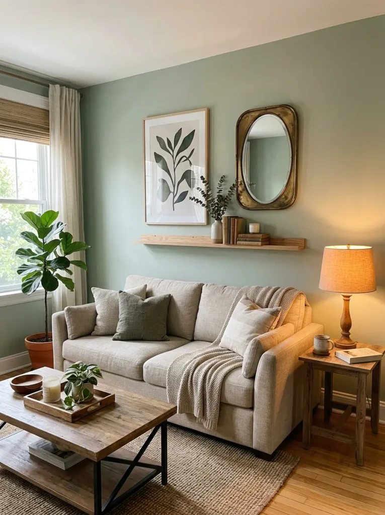 Small living room with large framed art, thrifted mirror, warm lamp, and neutral sofa creating a cozy focal point.