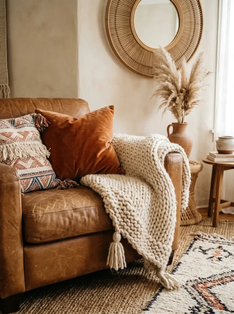 A close-up of mixed textures including knit throws, leather furniture, and rattan decor in a boho space