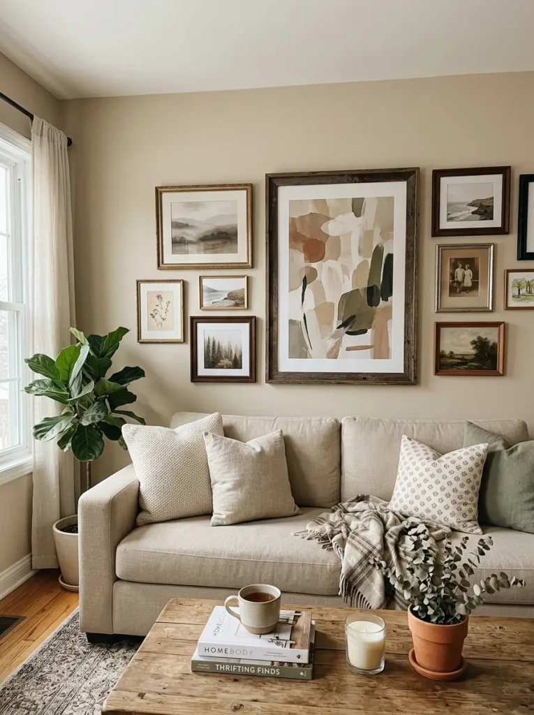 Living room wall with oversized abstract art, thrifted frames, soft prints, and beige sofa below.