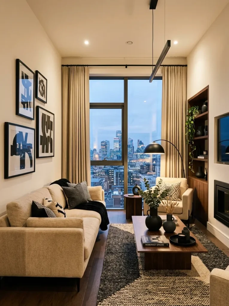 Contemporary living room with monochrome artwork and elegant dark accents.