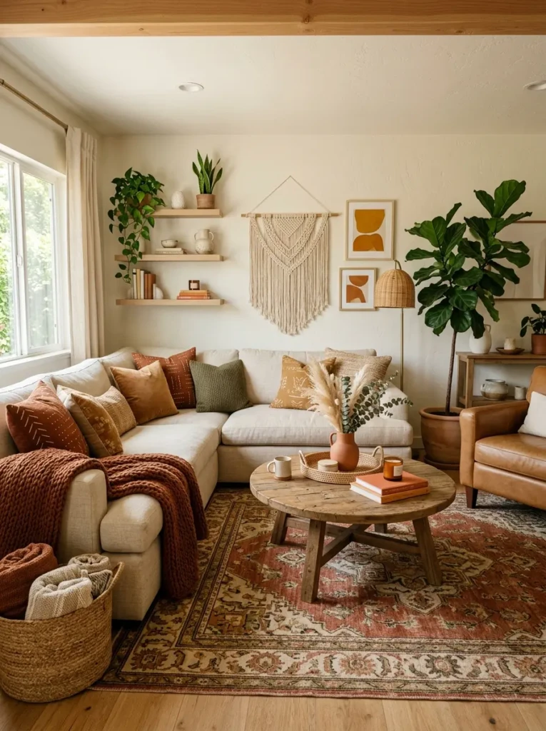 Warm boho living room with cream, beige, terracotta, olive, caramel, ochre, and rust accents.