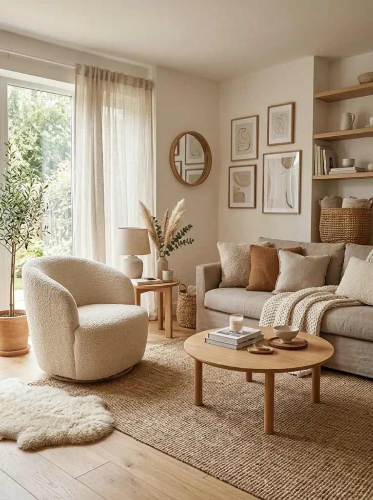 Cozy neutral living room with boucle chair, woven baskets, linen decor, and warm earthy tones.