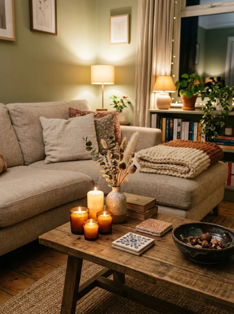 Finished cozy living room with candle glow, folded throw, coasters, dried stems, ceramic bowl, and soft lighting.