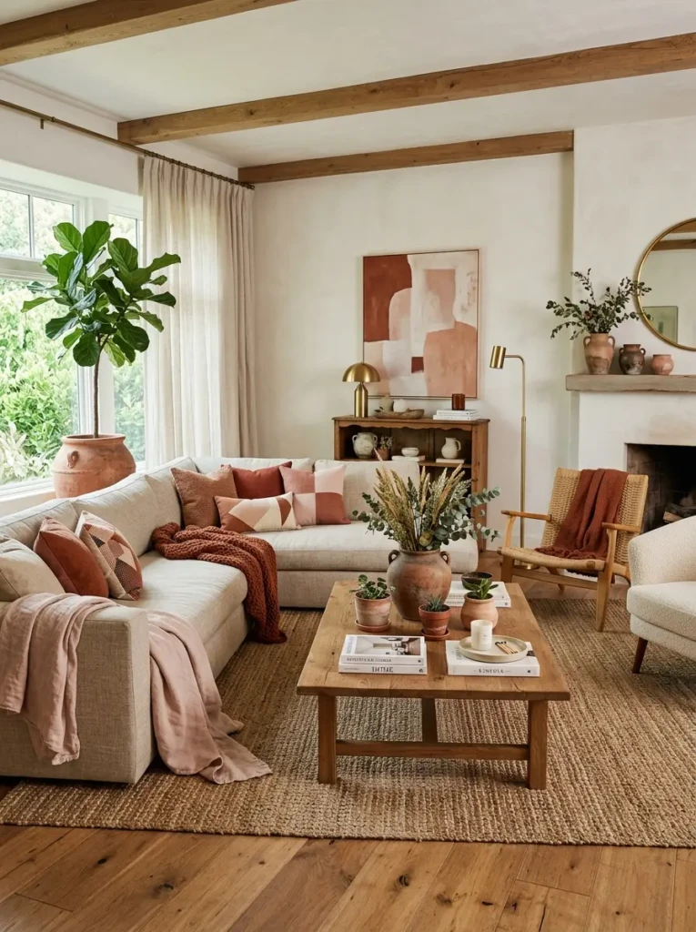 Stylish living room with clay planters, rust throws, and soft blush accents