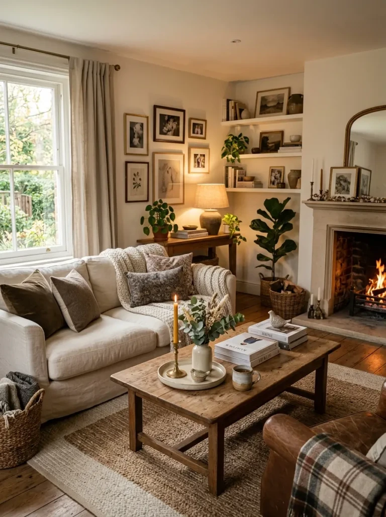 Cozy living room featuring layered coffee table decor and elegant warm-toned accents