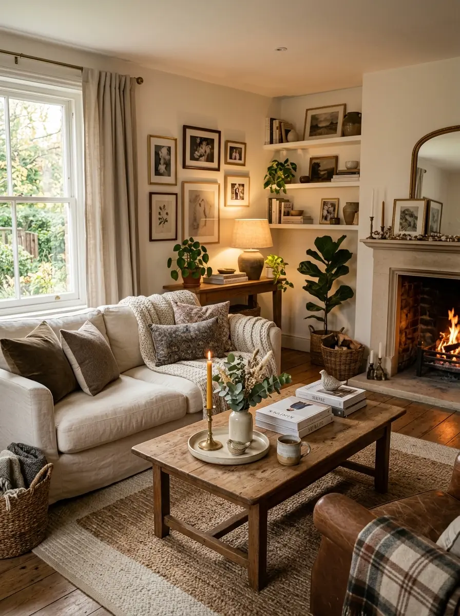 Cozy living room featuring layered coffee table decor and elegant warm-toned accents