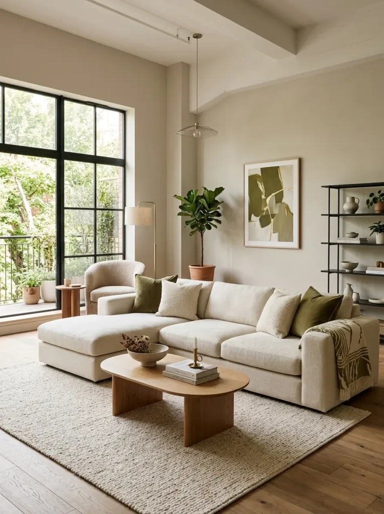 Modern living room with cream sofa, velvet pillows, and cozy layered textures.