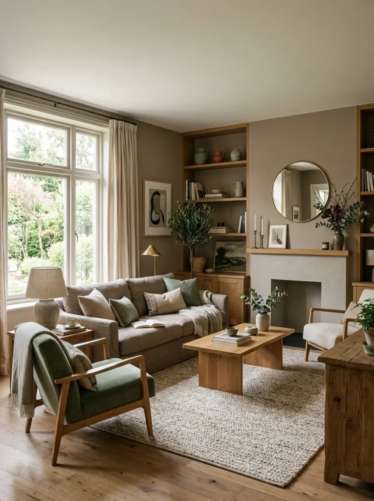 Sophisticated modern living room with sage green accents and warm taupe tones.