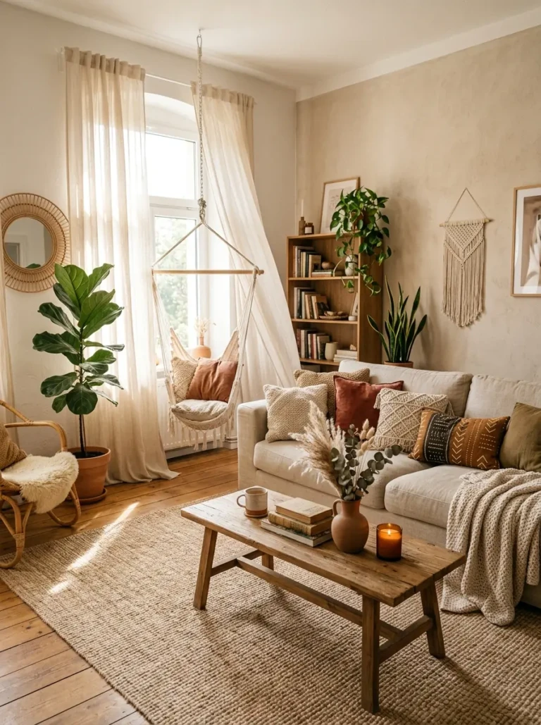 Sunlit boho aesthetic living room with sheer curtains, soft rug, and cozy cushions creating a warm and inviting space
