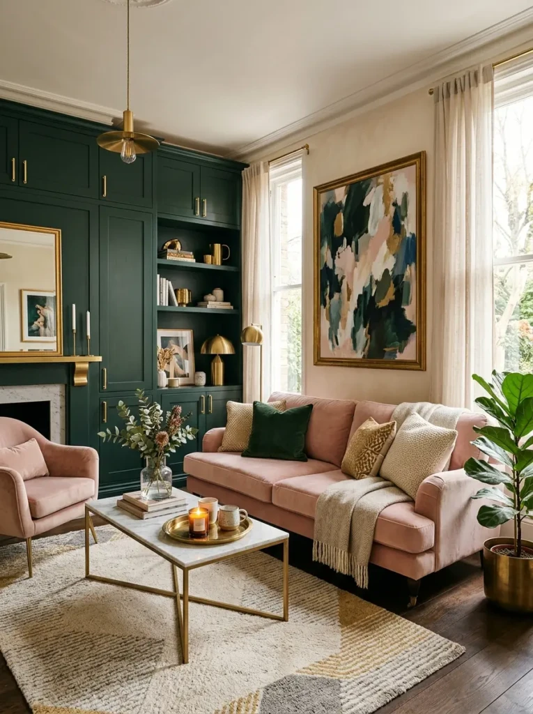 Chic living room with forest green cabinetry, velvet textures, and gold hardware