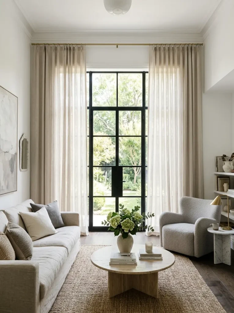Living room with linen-look curtains hung high and wide around a large window for an airy elegant feel.