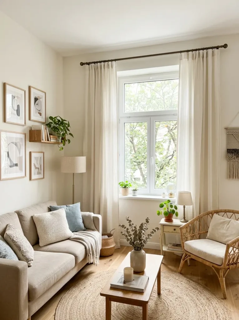Small living room with ivory curtains hung high and wide, bright window, neutral sofa, and soft sunlight.