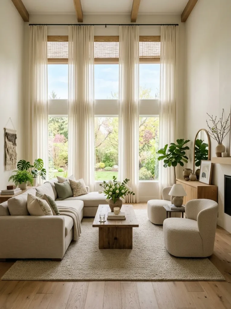 Modern living room with sheer curtains, bamboo shades, and soft natural lighting