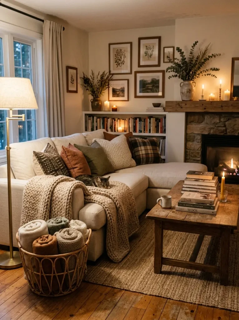 Warm living room with chunky knit throw, textured pillows, candlelight, stacked books, and basket of blankets.