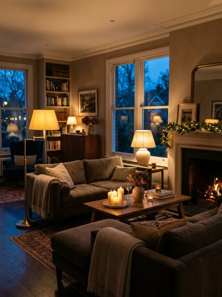 Living room at dusk with floor lamp, table lamp, candles, and warm accent lights creating a cozy glow.
