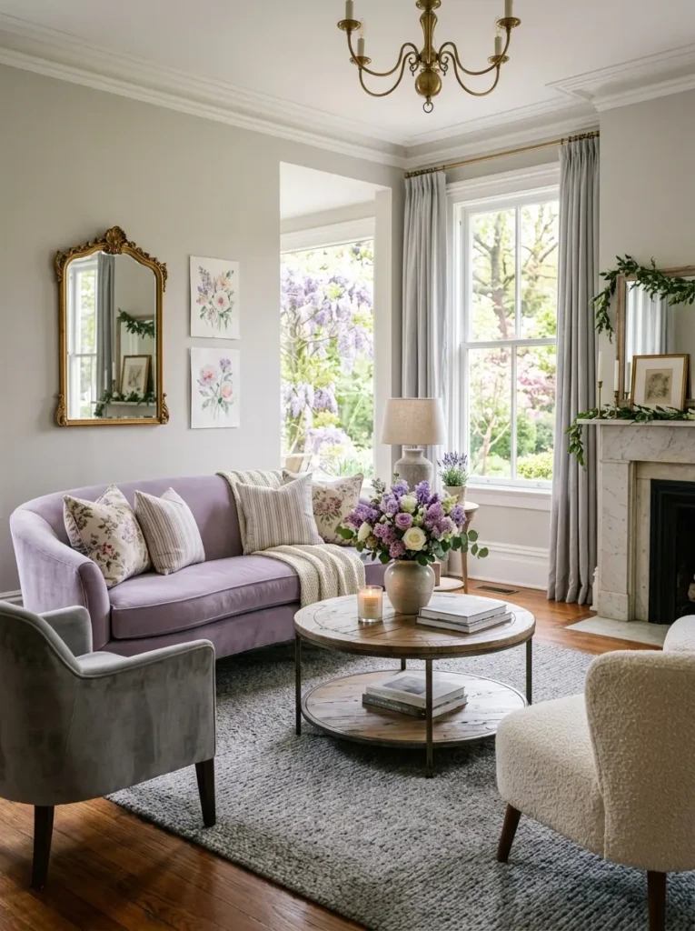 Cozy living room with lavender accents, floral decor, and gray textures