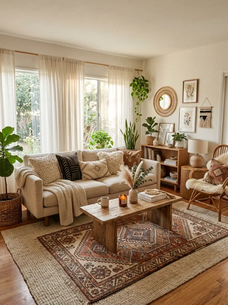Boho aesthetic living room featuring layered rugs, neutral jute base with patterned top rug, warm tones and cozy seating