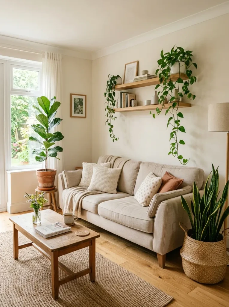 Airy living room with tall leafy plant, trailing pothos, snake plant, neutral sofa, and warm wood accents.