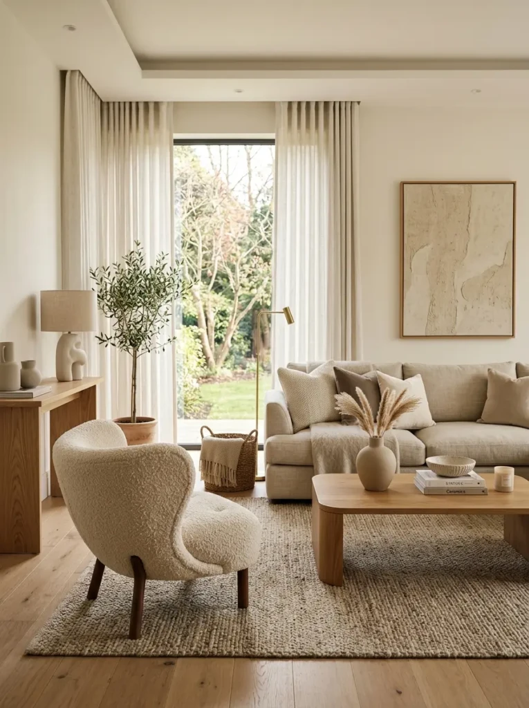 Modern living room featuring boucle chairs, linen curtains, and elegant neutral textures.