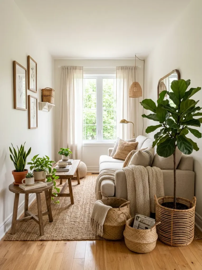 Bright living room with tall potted plant, small side table plants, woven baskets, and natural textures.
