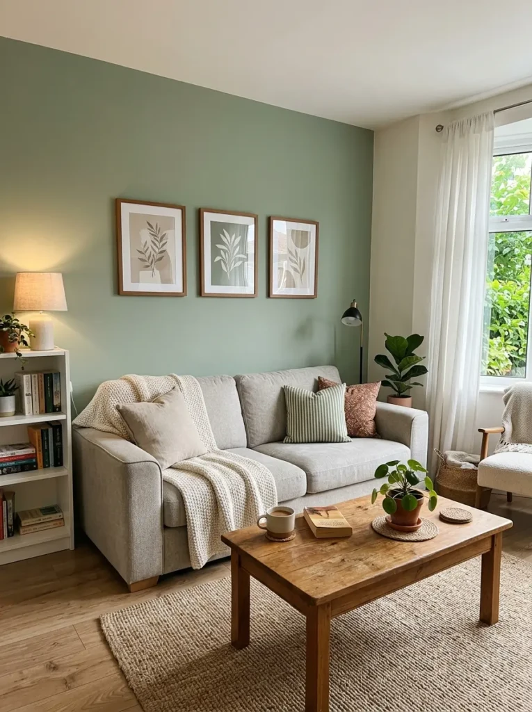 Budget living room with soft sage green accent wall, neutral sofa, framed art, and wood coffee table.
