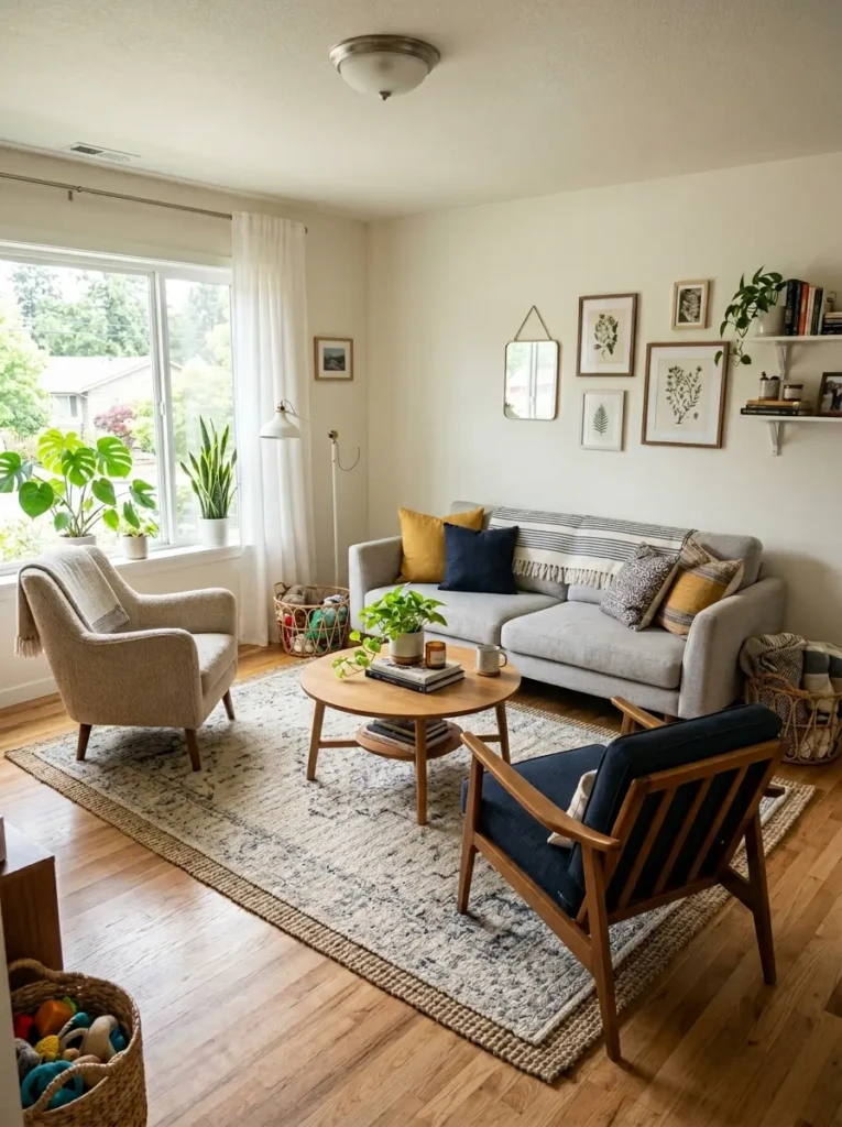 Airy living room with sofa, chairs, coffee table, and rug arranged for a warm conversation-friendly layout.