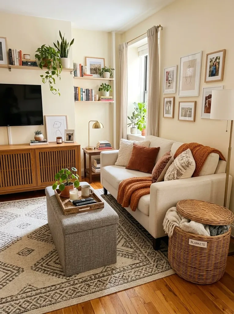 Tidy living room with rattan baskets, storage ottoman, wooden media cabinet, tray, and blanket basket.