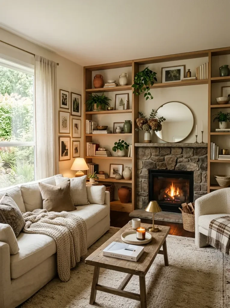 finished living room with beautifully styled shelves in warm cozy tones