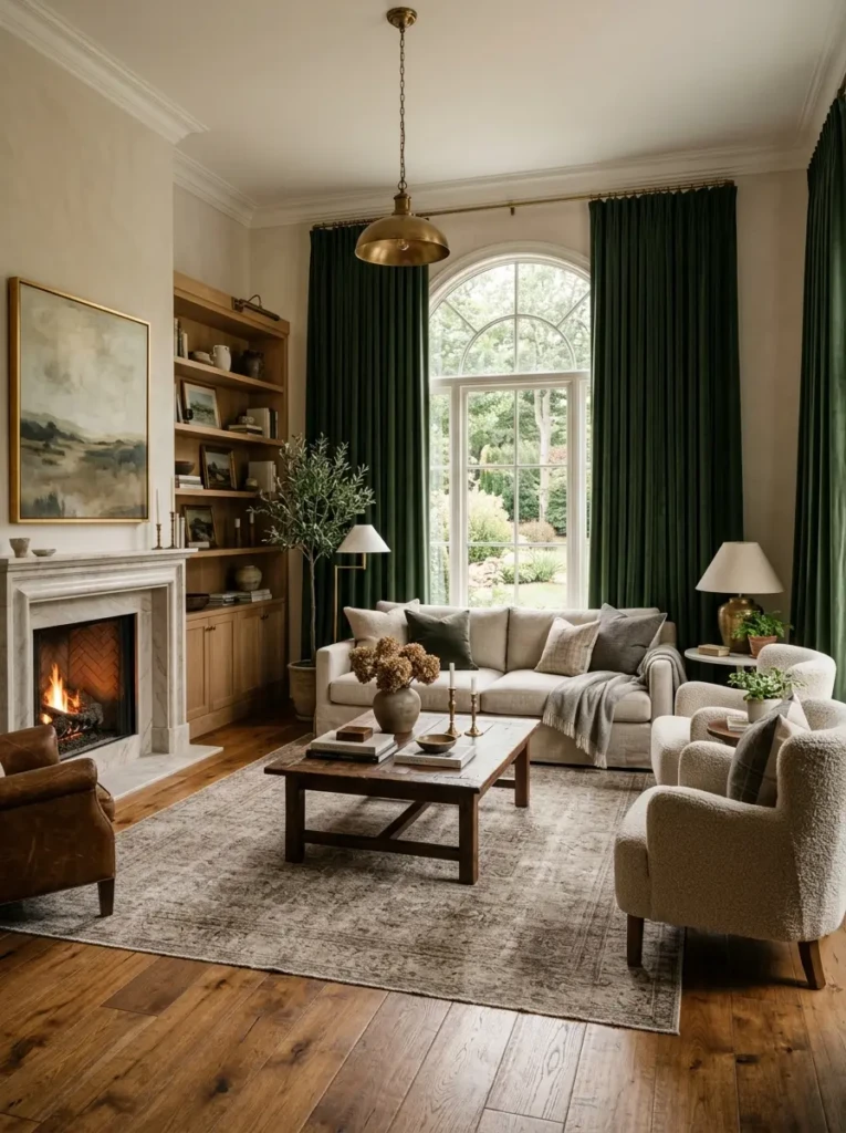 Elegant living room featuring oversized velvet curtains and warm neutral decor.
