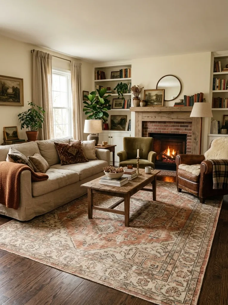 Living room with oversized vintage-style rug under sofa and chairs in beige and terracotta tones.