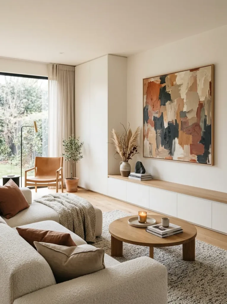Modern minimalist living room with hidden storage and elegant wall art.