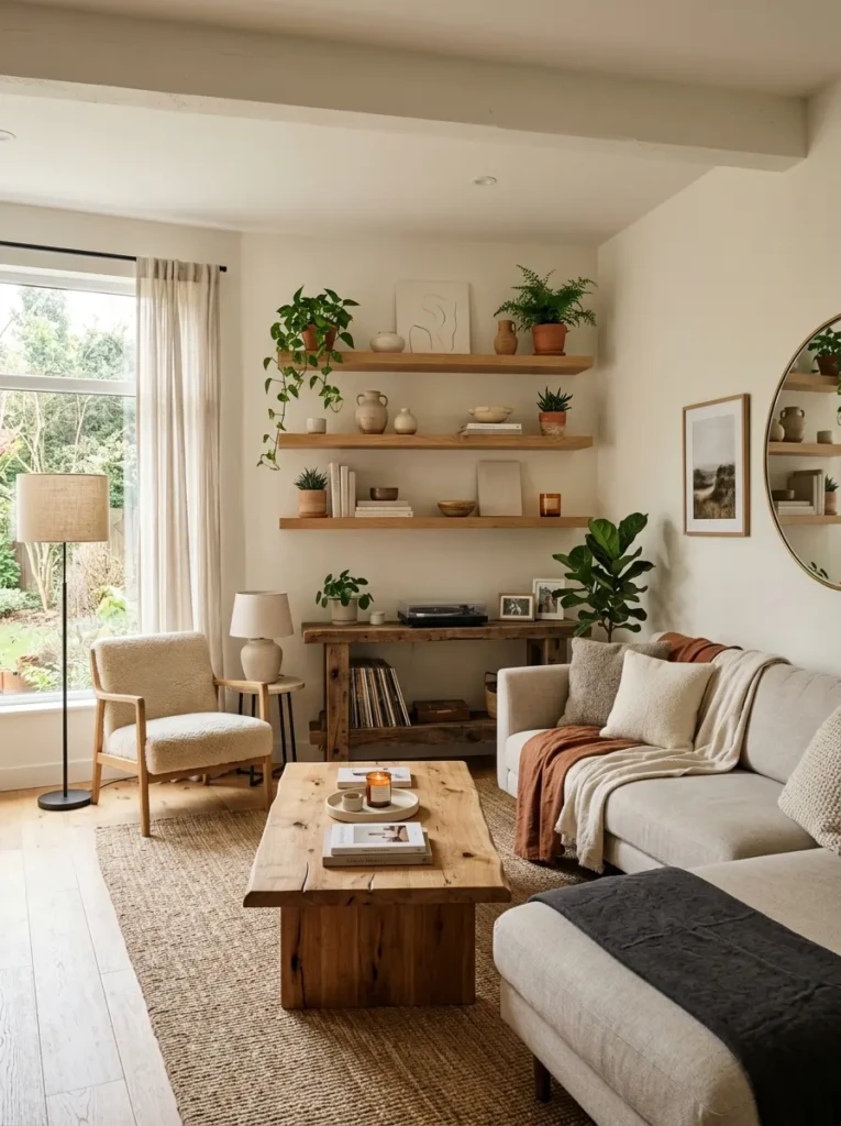 Modern cozy living room featuring floating wood shelves and reclaimed wood furniture.