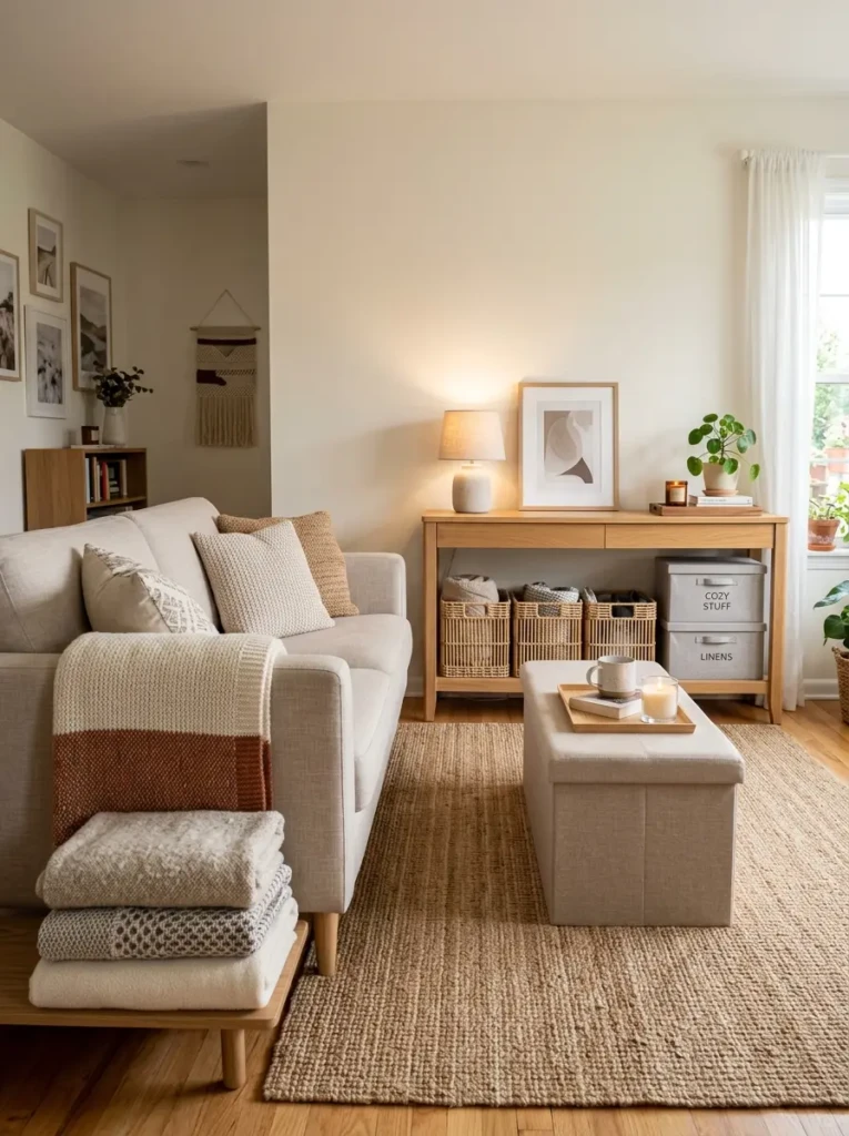 Cozy living room with woven baskets, lidded boxes, storage ottoman, folded blankets, and tidy warm decor.