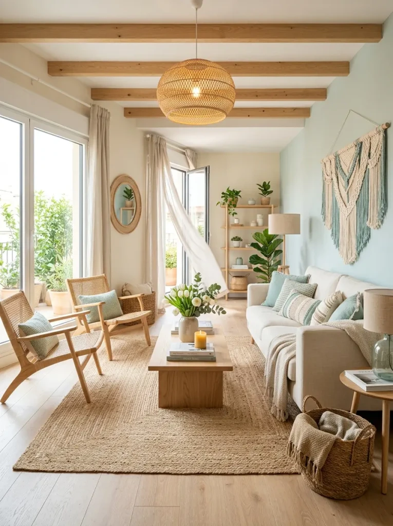 Minimal aqua living room with woven decor and soft white lighting