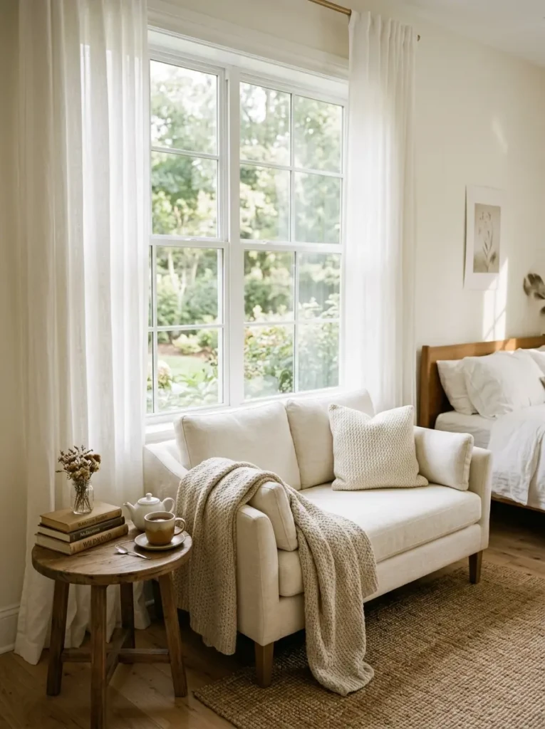 Petite loveseat beneath a bright bedroom window with sheer curtains, books, tea, and a soft throw.