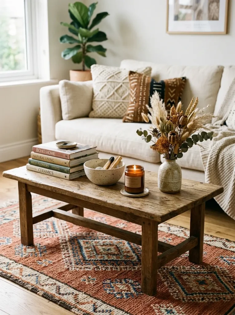 Low wooden boho coffee table styled with books, ceramic bowl, candle, and dried flowers.