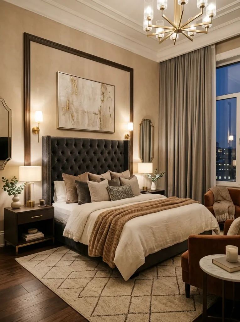 Luxurious bedroom with tall upholstered headboard and elegant layered neutral bedding