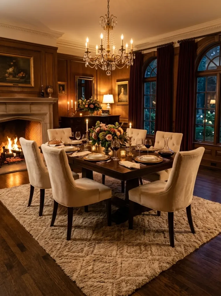 Warm dining room featuring a plush wool rug, elegant furniture, and cozy layered textures.